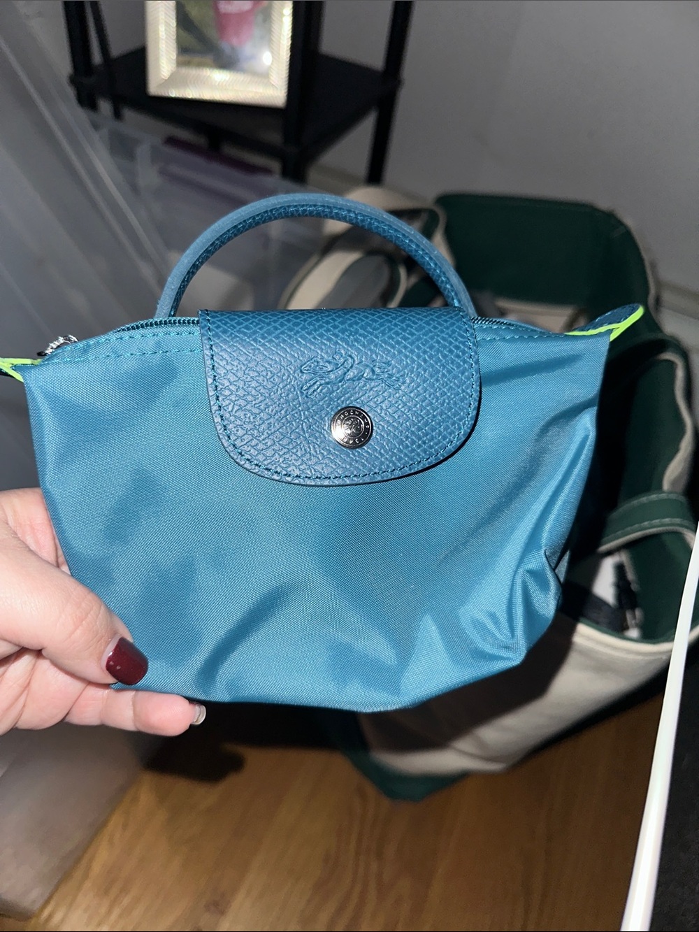 Longchamp Teal Nylon Small Le Pliage Cosmetic Pouch with Neon Accent